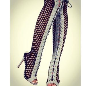 Fishnet /denim lace up over the knee heels/boots